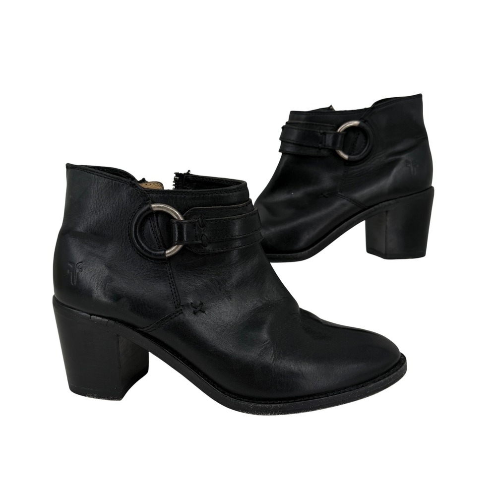 Frye Leather Harness Ankle Boots Womens 6.5 Black Block Heel Side Zip Almond Toe